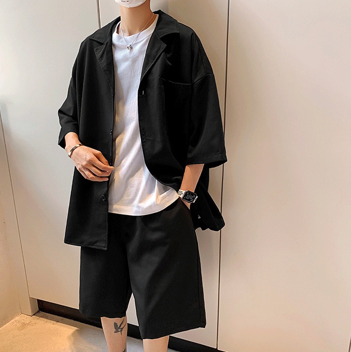 個性的なデザイン パーカーセット 夏 韓国スタイル 半袖 シャツ パンツ ２点セット メンズ セットアップ