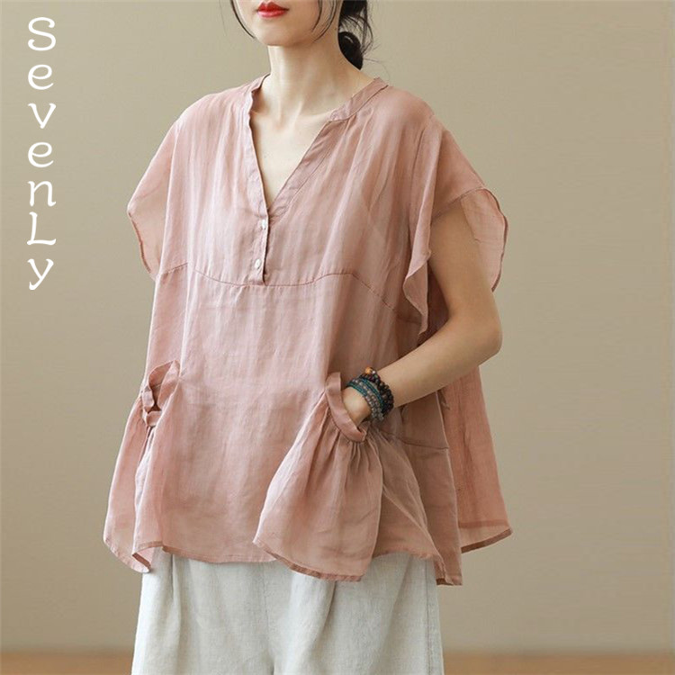 韓国ファッション  Vネック シャツ トップス 減齢  Aライン コットン リネン 半袖
