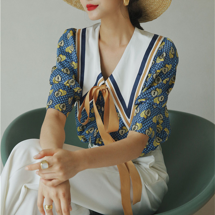 韓国ファッション プリント 半袖 スリム 蝶結び シャツ ゆったりする デザインセンス