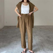 柔らかい履き心地 コットンリネン ベスト ロングパンツ 韓国版 大きいサイズ 2点セット
