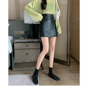 韓国ファッション 黒 ハイウエスト Aライン レザースカート 2021秋 冬 ミニスカート