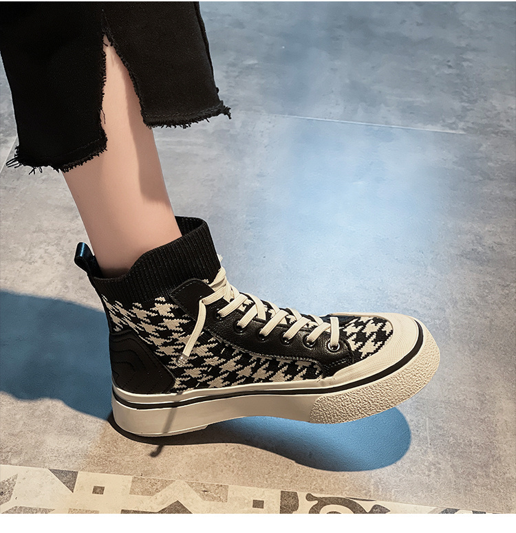 おすすめ商品 韓国ファッション シングルシューズ 厚底 千鳥格子 バンディング 伸縮性のあるブーツ