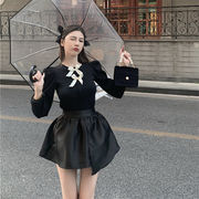 オシャレでワンランク上の自分に 韓国ファッション 蝶結び トップス スカート セット パフスリーブ