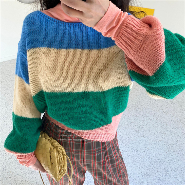 韓国ファッション 初秋 ボーダー カラーマッチング ニット セーター 女性 カジュアル 小さい新鮮な