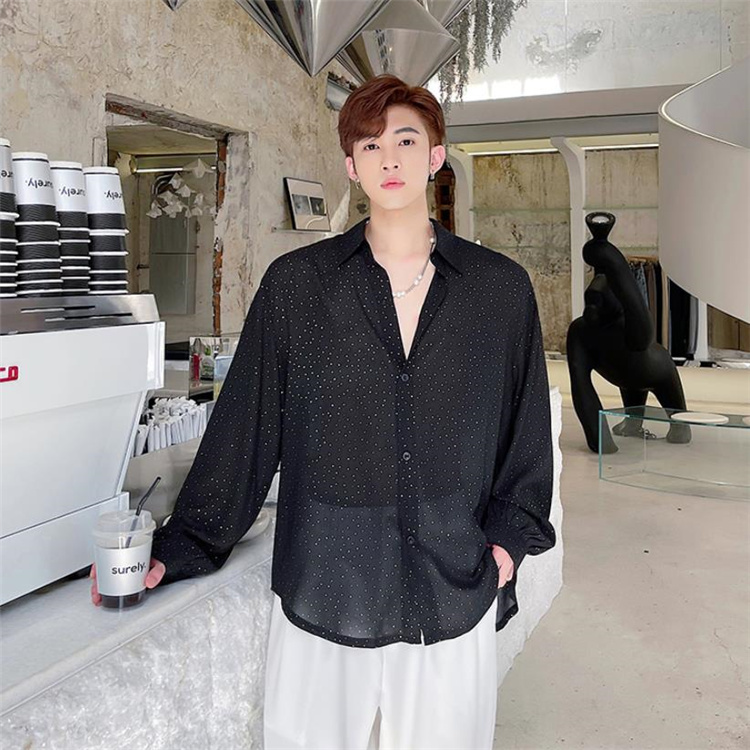 韓国ファッション 2021 新品 ヘアスタイリスト メンズ 小さな香りの風 スパンコール 長袖 シャツ トレンド