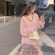 売れ筋カラー追加 韓国ファッション sweet系 Vネック ホロー セーター 気質 ニットトップス シン