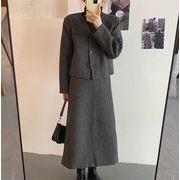 ラインを美しく演出 韓国ファッション 短いスタイル Vネック スリット コート エレガント スカート セット