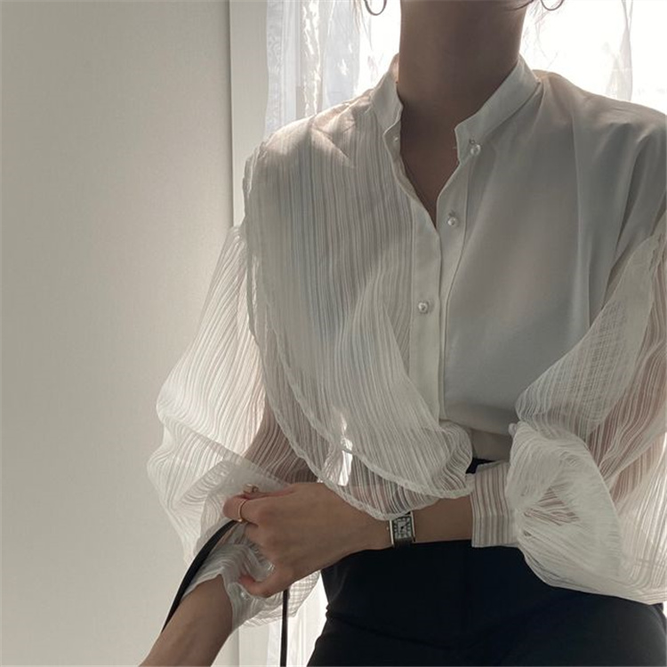 韓国ファッション 2021 新品 気質 ハイエンド 透けて レーヨン袖 縫付 小さなスタンドカラー シャツ