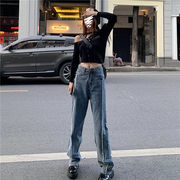 単体でも使えるアイテム 韓国ファッション ハイウエスト ストレートレッグ ジーンズ ロングパンツ