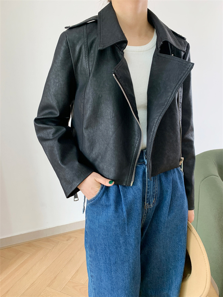 韓国ファッション 2021 秋 学院風 オシャレ レトロ 短いスタイル レザー コート トレンド