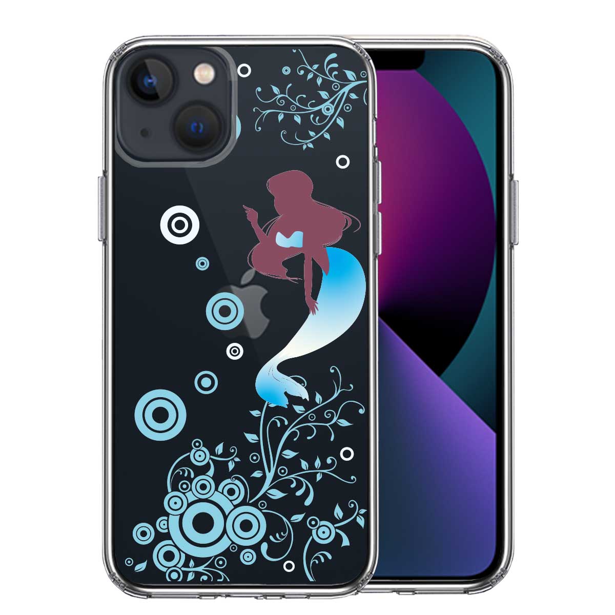 iPhone13 側面ソフト 背面ハード ハイブリッド クリア ケース マーメイド 人魚姫 ブルー