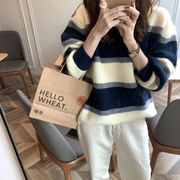 秋冬　ニットトップス　セーター　縞柄　ビンテージ　韓国ファッション　オシャレ