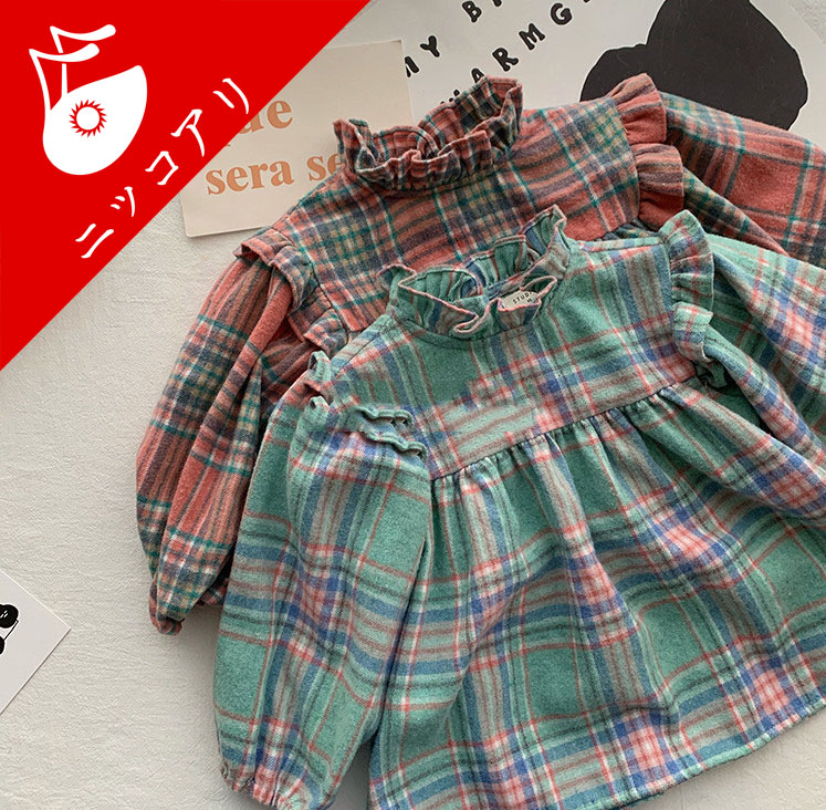 子供服 女の子 チェック柄のワンピース 襟フレア 女の子らしい服