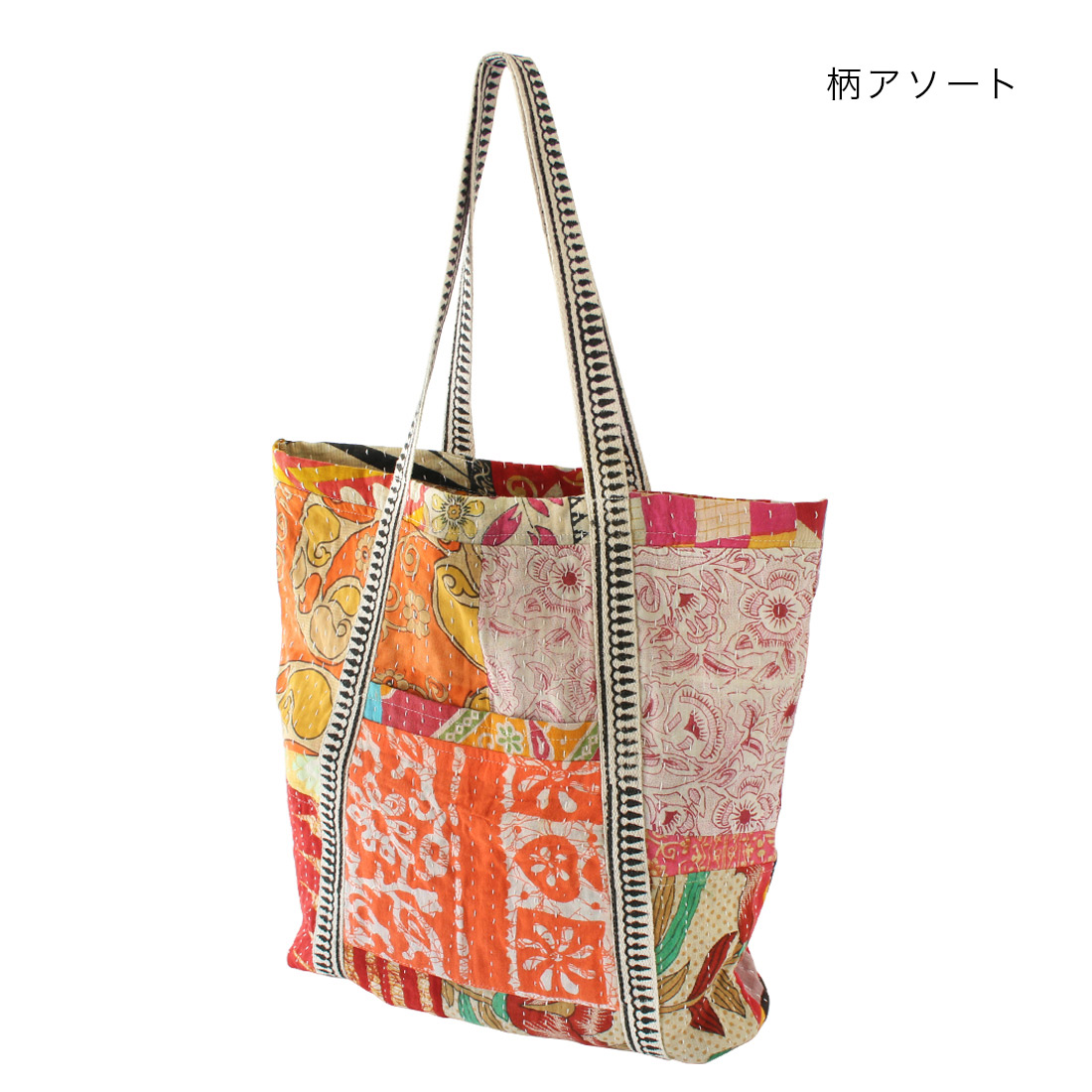 新品同様 トートバッグ トートバッグ 古布 カンタパッチワーク[インド トートバッグ