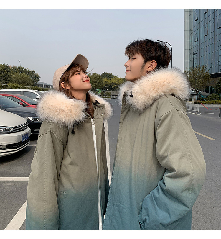 韓国ファッション 冬 グラデーションカラー 綿の服 ルーズ 大きいサイズ カップル 毛皮の襟 コート