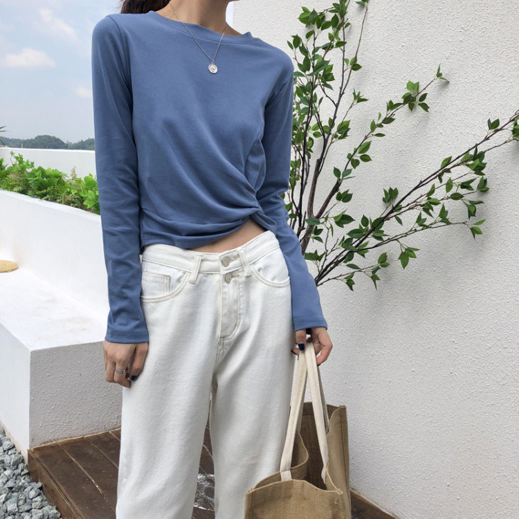 韓国ファッション 短いスタイル 怠惰な風 ベースシャツ Tシャツ ピュアカラー 結び目