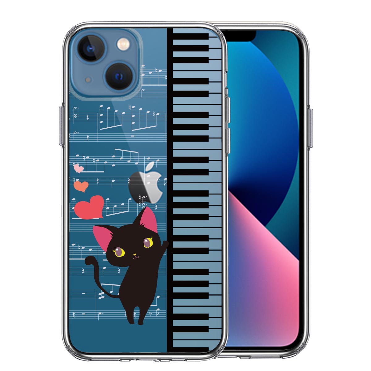 iPhone13mini 側面ソフト 背面ハード ハイブリッド クリア ケース ピアノ 3 猫ふんじゃった ハート