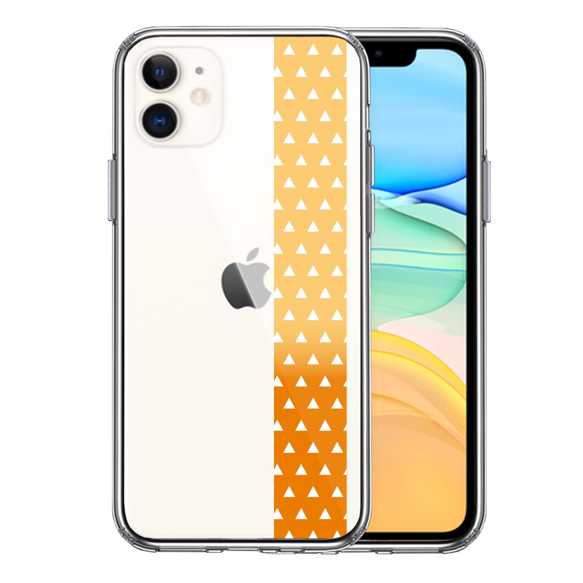 iPhone11 側面ソフト 背面ハード ハイブリッド クリア ケース 和柄 帯  鱗紋 うろこ紋 黄色 オレンジ