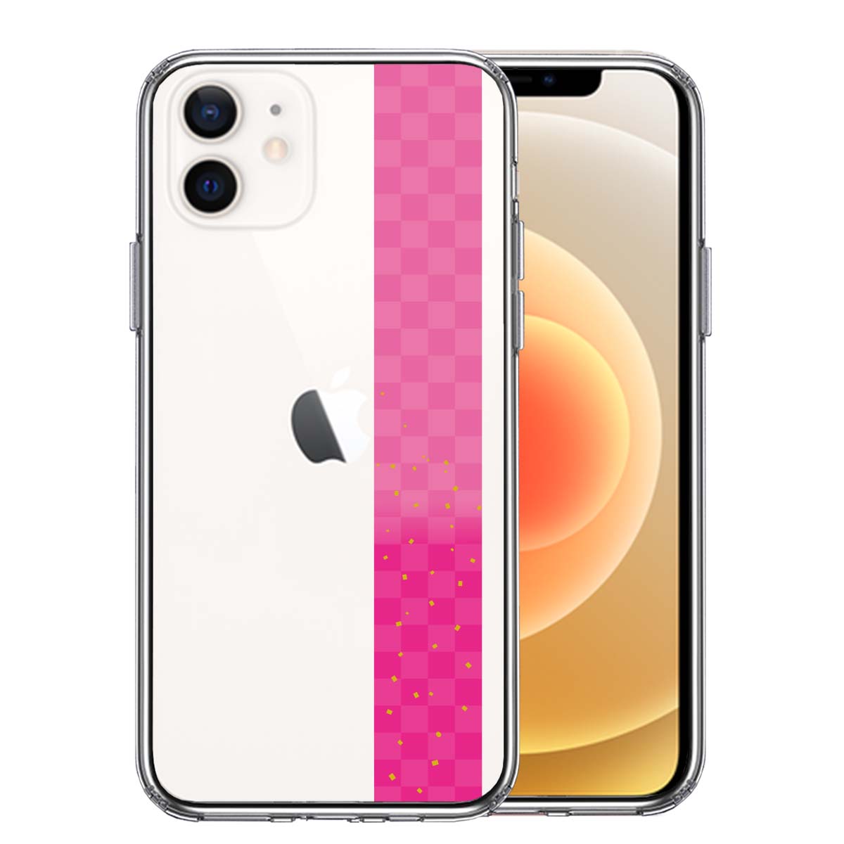 iPhone12 側面ソフト 背面ハード ハイブリッド クリア ケース 和柄 帯  市松模様 ピンク 金箔