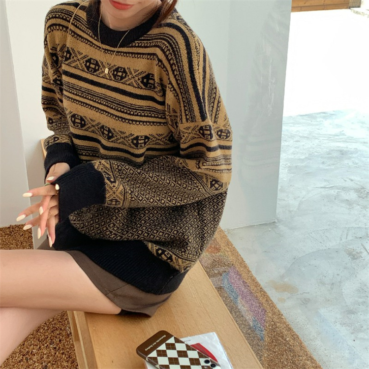 注目すべきアイテム 韓国ファッション ラウンドネック レトロ ジャカード セーター ニットトップス
