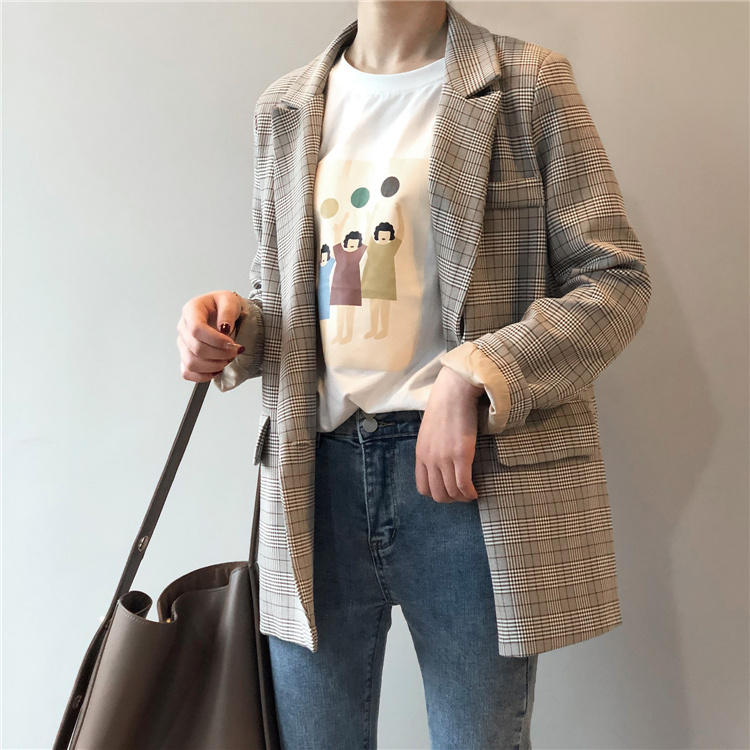 品質自信あり 韓国ファッション 2021 秋 レトロ 格子縞 スーツ コート ゆったりする カジュアル オシャレ