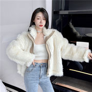 韓国ファッション 2021 冬 気質 オシャレ スタンドカラーレザー 縫付 スリム フェイクファー コート