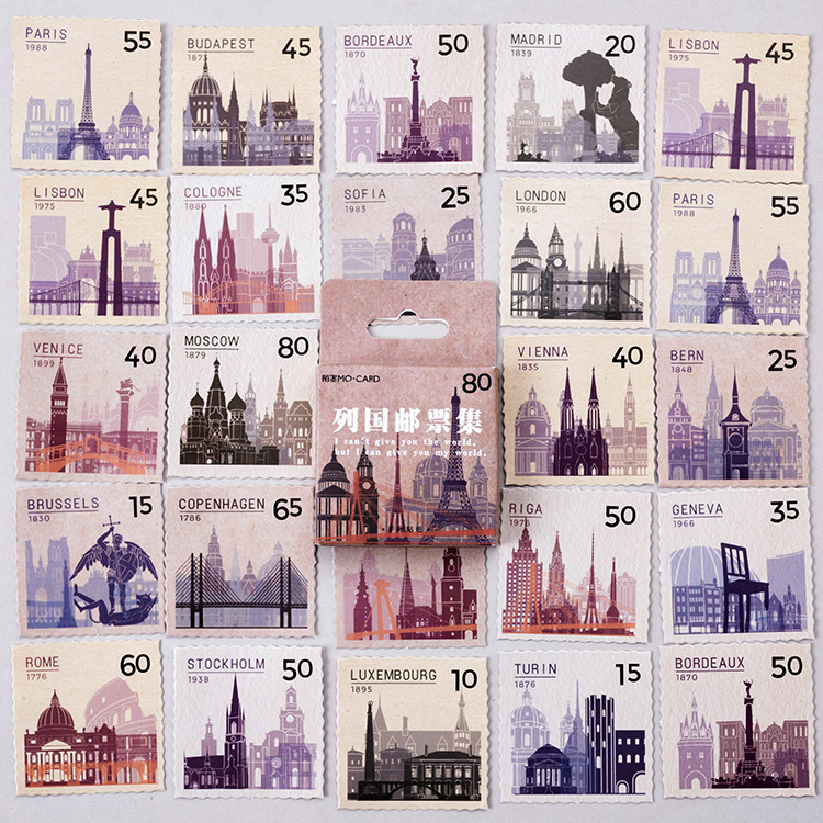 切手シール 世界の人気観光名所 観光スポット イラストステッカー 海外シール 海外ステッカー ビンテージ