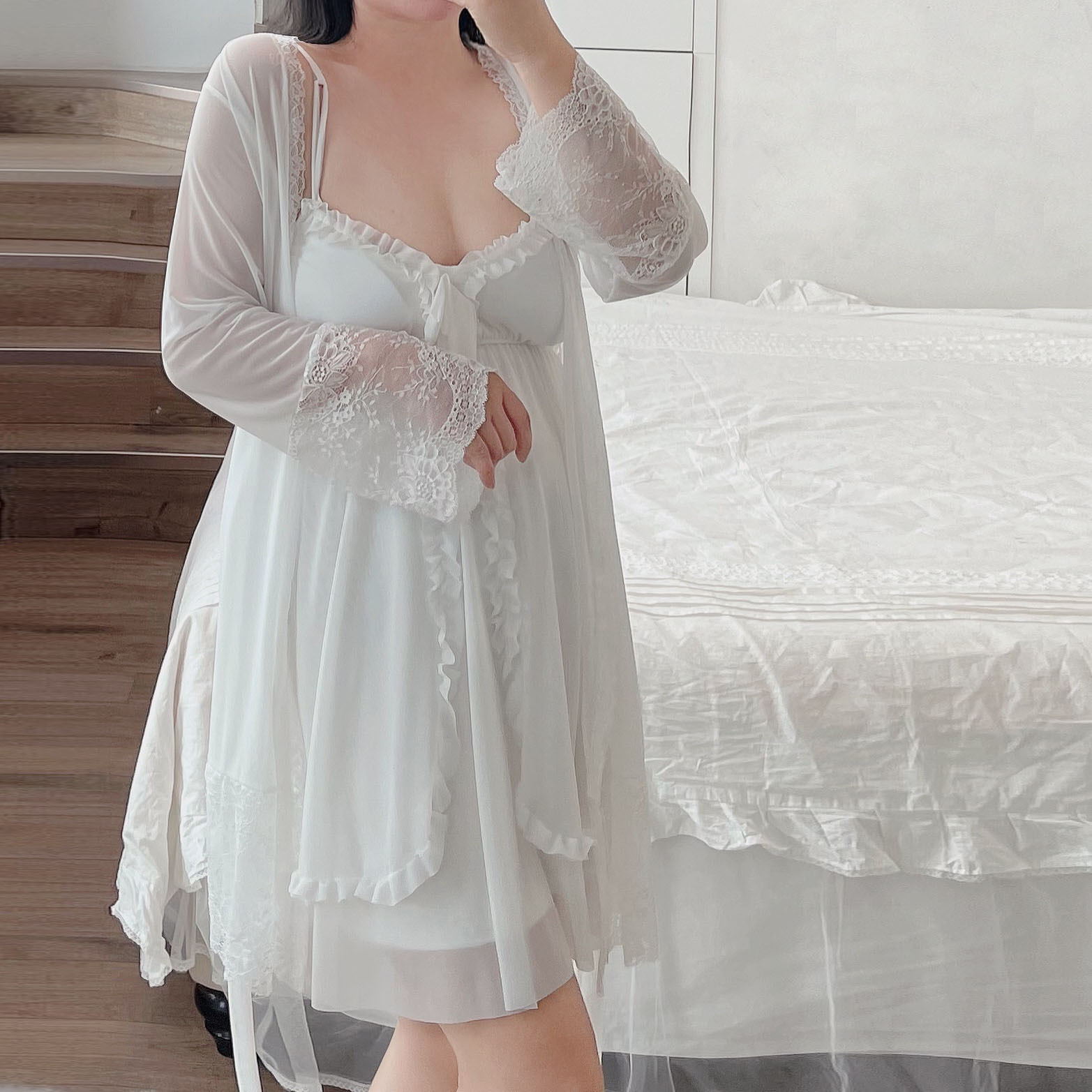 ★2L~5L★大きいサイズ★セクシーパジャマ 透け感レース パット付きキャミワンピース ナイトガウン2set