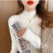 韓国系 シンプル 合わせやすい  体型カバー 長袖 ニット生地 ハイネック セーター