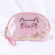 かわいい猫のコスメティックバッグ PVC 流砂スパンコール 化粧ポーチ 防水 化粧品収納バッグ