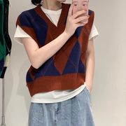 レトロな香港スタイルのカラーマッチングセーター女性ルーズノースリーブセーターベスト女性