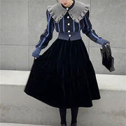 ストライプ 長袖 セーター ベルベット スカート ファッション レトロ 減齢 人形の襟