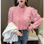 デイリーに使える 韓国ファッション ギャザリング 縫付 ボトミングシャツ シフォンブラウス シャツ