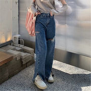 女の子ファッション デニム パンツ コントラストカラー スプリットストレート ワイドレッグパンツ
