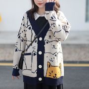 ニットトップス　カーディガン　レディース　ファッション　韓国風　秋冬　デザイン　猫柄