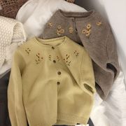 キッズニットカーディガン　花柄刺繍　セーター　カジュアル　韓国風子供服　長袖　90-140cm