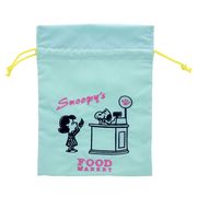 【巾着袋】スヌーピー 刺繍きんちゃくポーチ Delicious Food Market ライトブルー