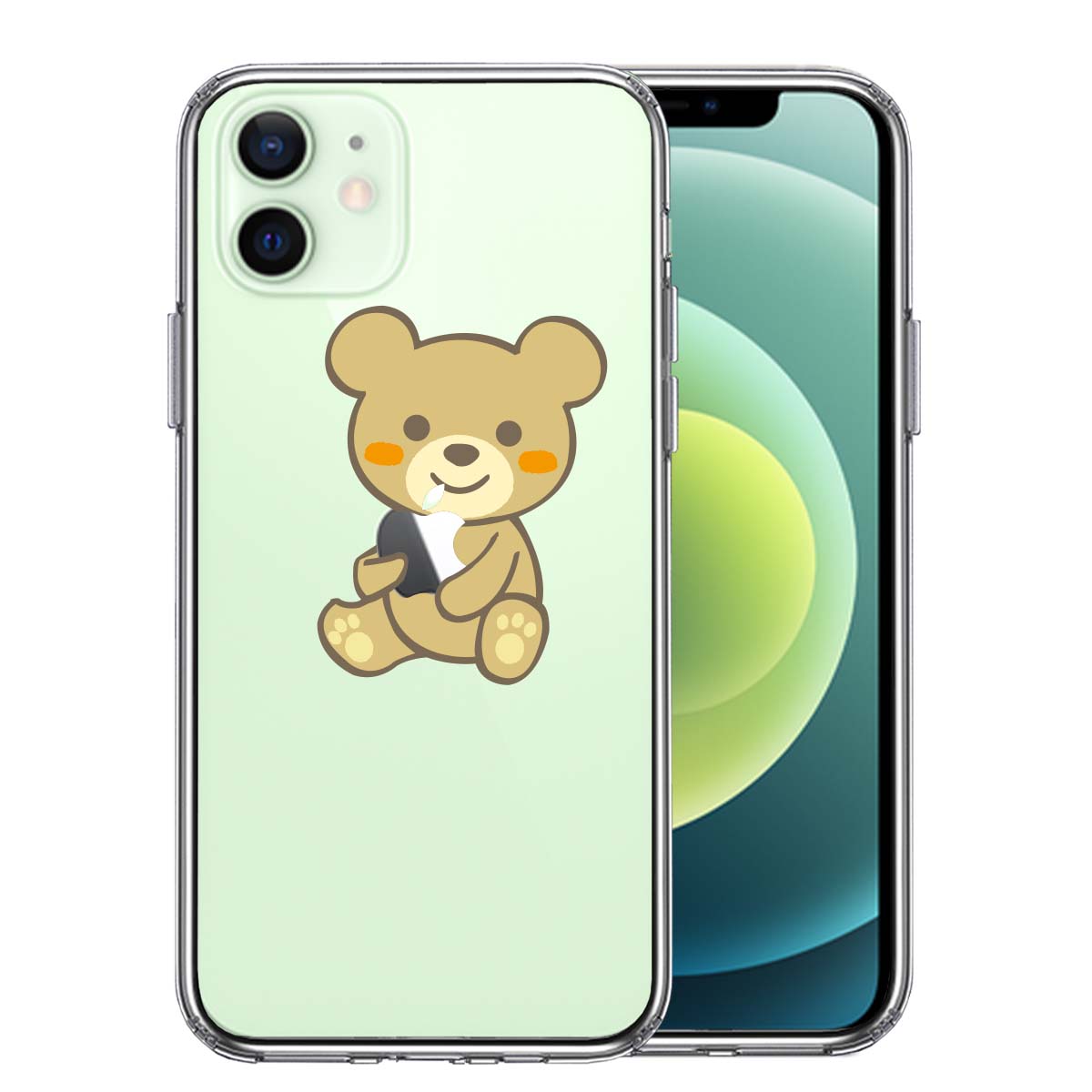 iPhone12mini 側面ソフト 背面ハード ハイブリッド クリア ケース くま 熊 ぬいぐるみ りんご だっこ