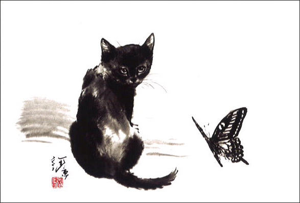 ポストカード 中浜稔「蝶々」猫 ネコ 墨絵作家 アート ネコ