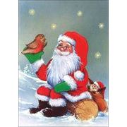 ポストカード クリスマス「サンタクロースと小鳥と子犬」メッセージカード 郵便はがき