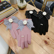 手袋　レディース　韓国ファッション　秋冬　デザイン　5本指 　リボン　パール