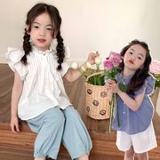 キッズシャツ　フリル　綿　格子柄 女の子服　INS　韓国風子供服　2024年夏新作