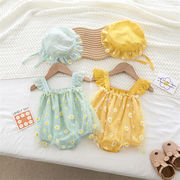 夏 韓国子供服    ロンパース ベビー服 女の子   可愛い  花柄  サスペンダー +帽子   赤ちゃん 人気  2色