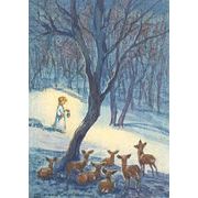 ポストカード アート クリスマス ケーガー「ランタンを持った子供を見る鹿」名画 郵便はがき