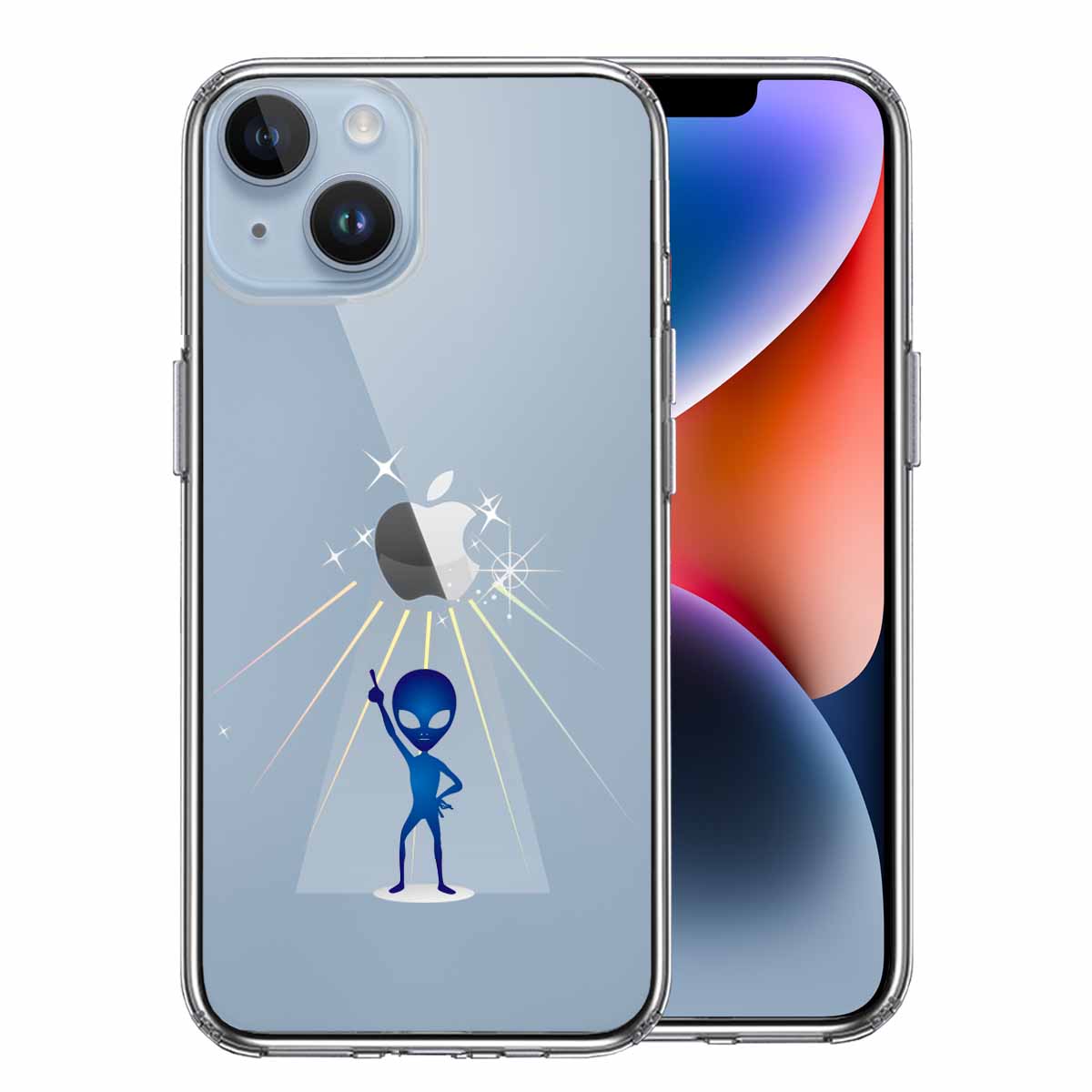 iPhone 14 Plus 側面ソフト 背面ハード ハイブリッド クリア ケース 宇宙人 ダンシング ブルー