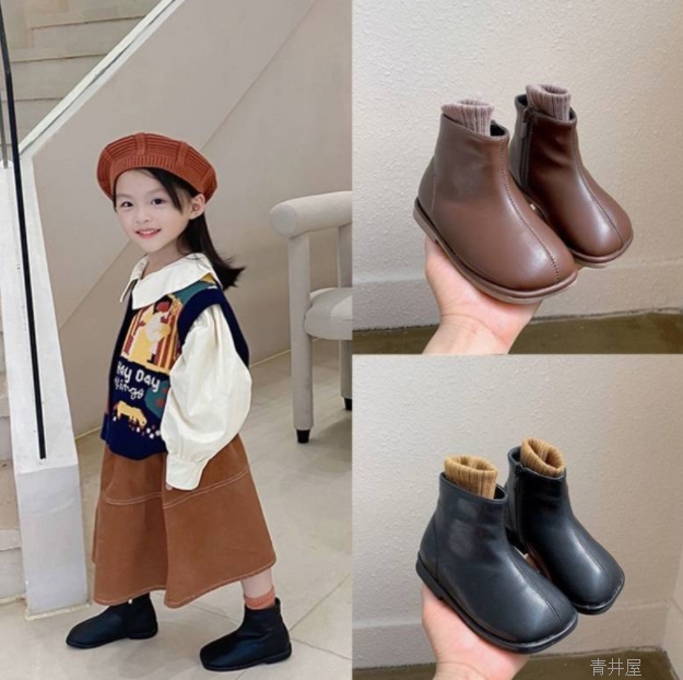 秋冬新作 キッズ 靴 子供靴 皮靴 裹起毛 シューズ ブーツ 2色 韓国ファッション カジュアル