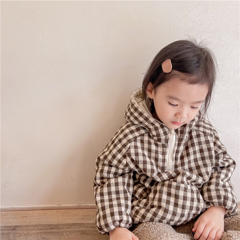 韓国ファッション 子供服フード付き ベビー服 裏起毛   キッズ服  可愛いチェック柄 綿入れの厚いコート