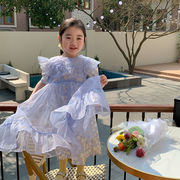 ★Girls★　子供ワンピース　ブルー　シスル　ブラウス　ドレス　韓国キッズファッション