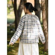 台湾風綿麻婦人服2023春新作チェック柄上着女レトロ色織リンネ長袖Tシャツ