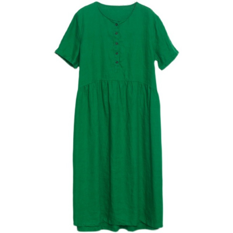 綿麻ワンピース女性夏のオーバーサイズ婦人服洋風ミドル丈文芸的半袖リネンシャツスカート